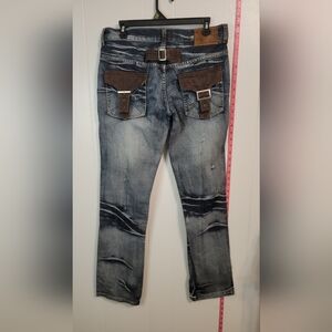 JEANSIAN Men's Distressed Blue Jeans with Brown Accents